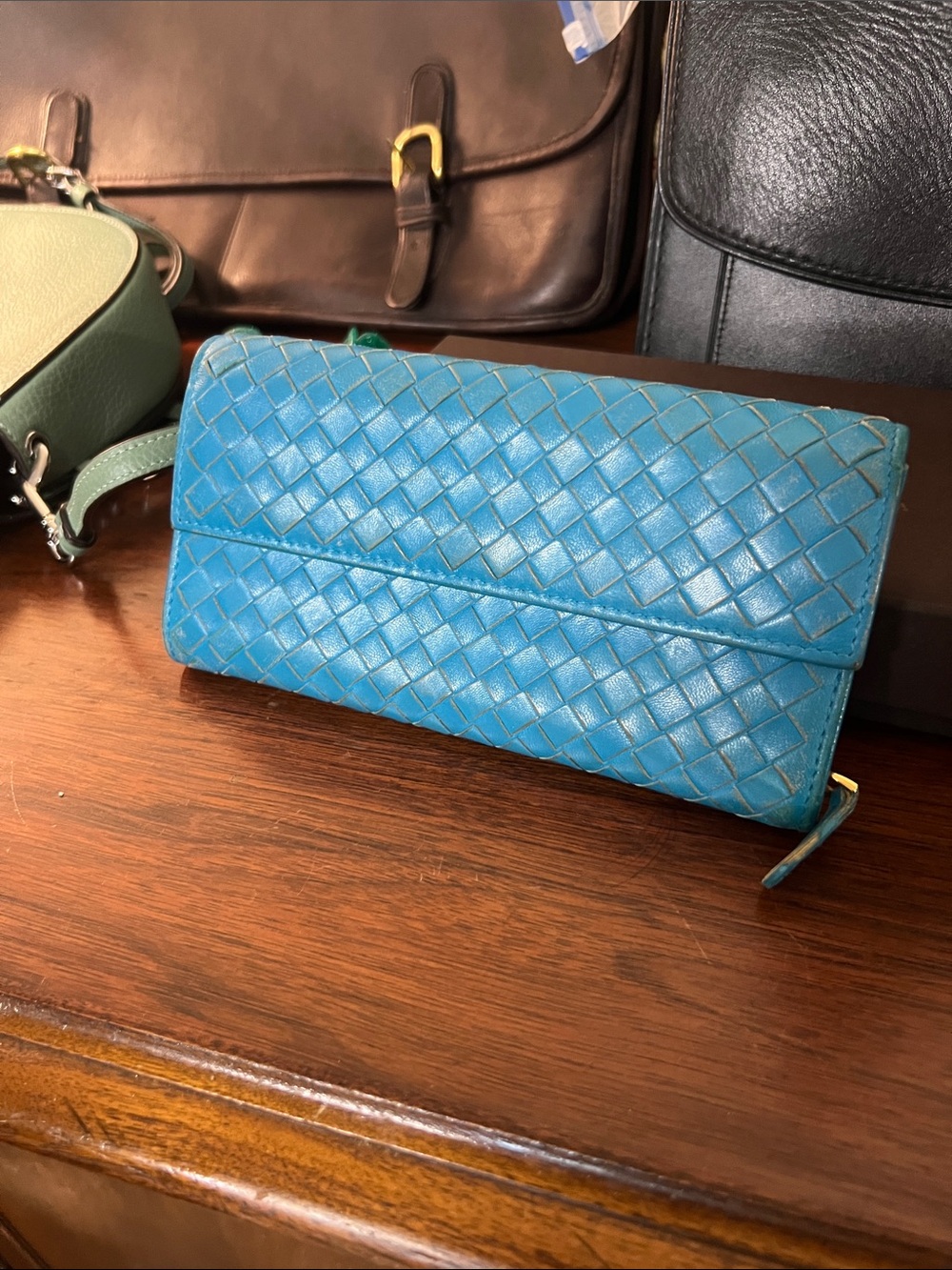 Bottega Veneta Turquoise Woven Leather Clutch w/ Box and COA